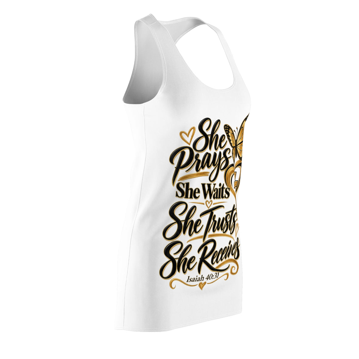Racerback Dress — "She Prays, She Waits, She Trusts, She Receives" Inspirational Christian Dress