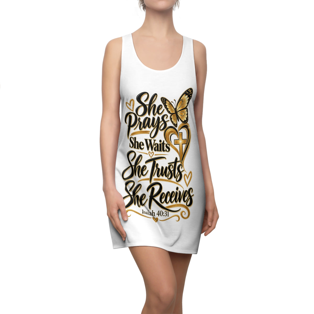 Racerback Dress — "She Prays, She Waits, She Trusts, She Receives" Inspirational Christian Dress