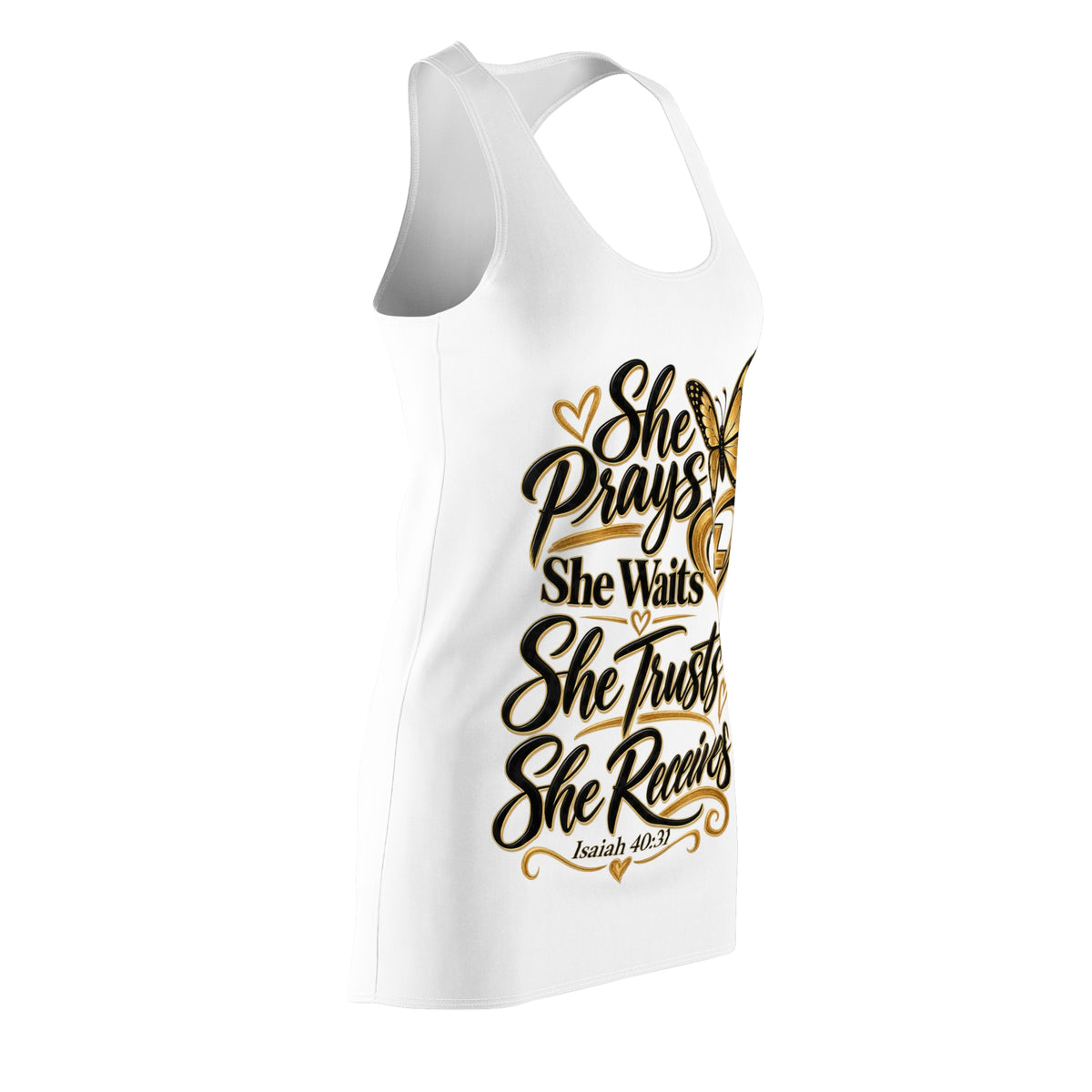 Racerback Dress — “She Prays She Waits She Trusts She Receives” Inspirational Christian Dress