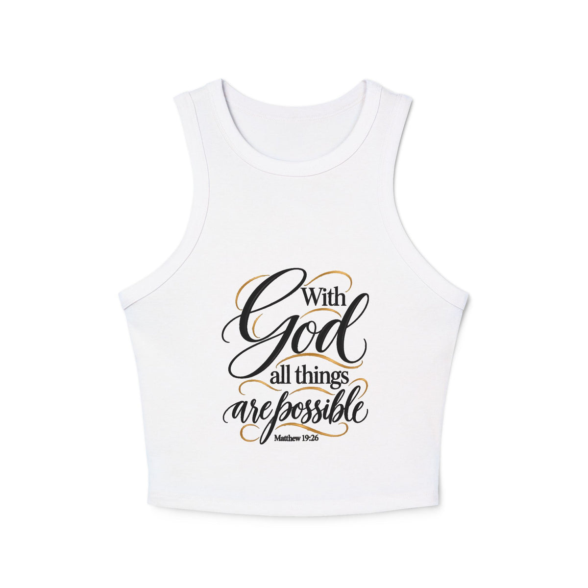 Women’s Racer Tank Top — “With God All Things Are Possible” Inspirational Faith Crop
